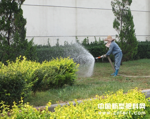 圖為該公司綠化人員在用處理后的生產(chǎn)污水澆灌綠地.jpg